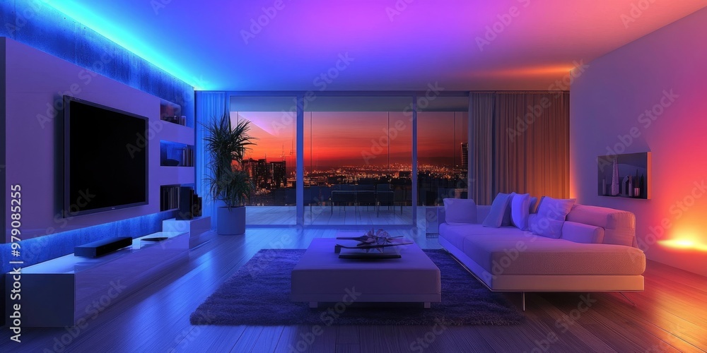 A modern living room with customizable smart lighting that changes colors and intensity, controlled by voice command or app, creating a dynamic ambiance. A modern living room with customizable smart lighting that changes colors and intensity, controlled by voice command or app, creating a dynamic ambiance.