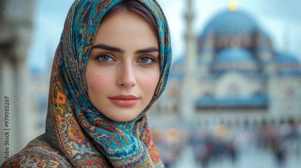 A stylish Turkish woman in a modern headscarf, standing by the Blue Mosque in Istanbul. The domes twist into surreal, floating patterns, while minarets extend into the sky. Her expression is calm,
