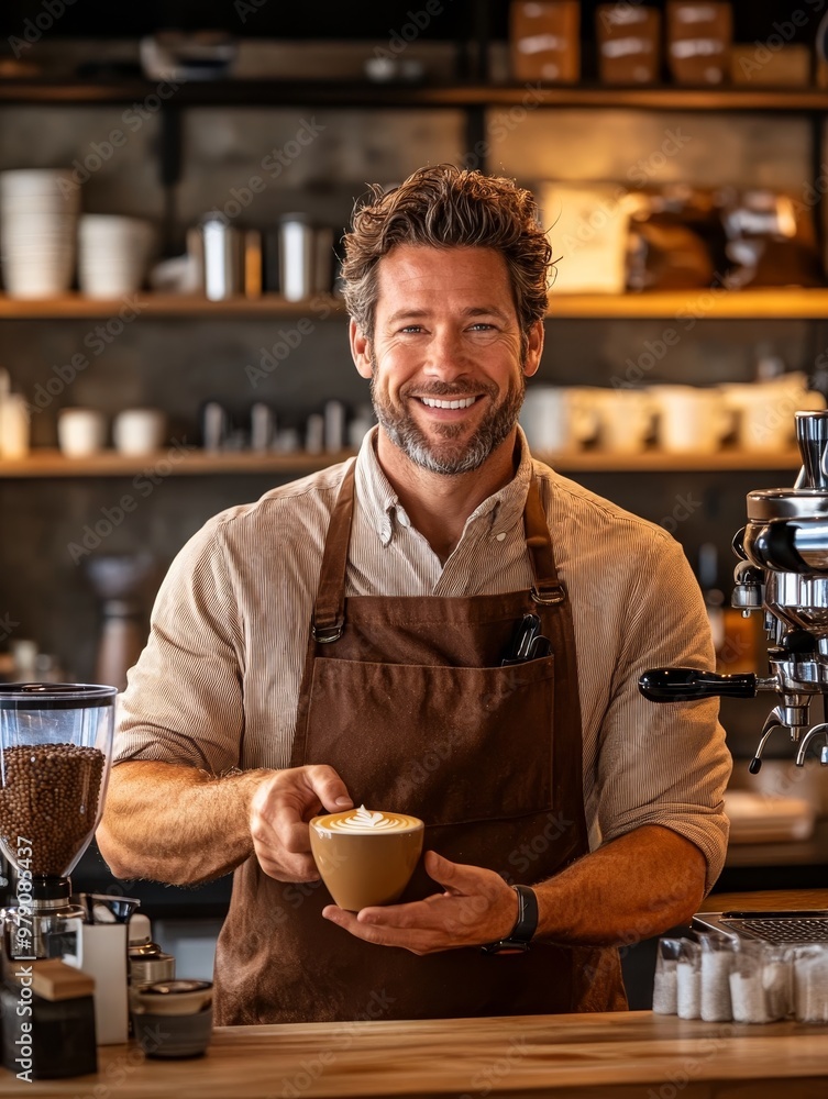A barista serving a perfectly crafted coffee drink in a cozy café setting during the morning hours A barista serving a perfectly crafted coffee drink in a cozy café setting during the morning hours