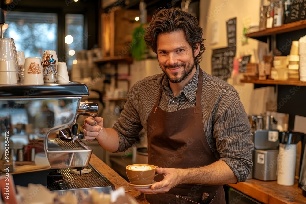 A barista crafting a latte in a cozy cafe during the early morning rush with warm lighting and inviting decor A barista crafting a latte in a cozy cafe during the early morning rush with warm lighting and inviting decor