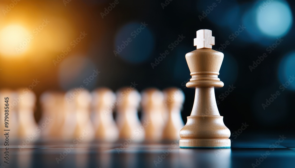 A close-up of a chess king piece, symbolizing strategy, leadership, and competition against a blurred background of pawns. A close-up of a chess king piece, symbolizing strategy, leadership, and competition against a blurred background of pawns.