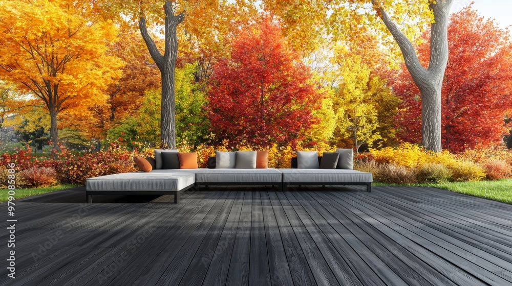 Naklejka premium Incorporating sleek decking, modern outdoor furniture, and planters into an outdoor patio at a suburban contemporary home