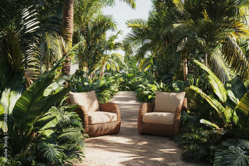 Fototapeta premium It features a modern lounge chair and wicker side table set in a tropical garden setting.