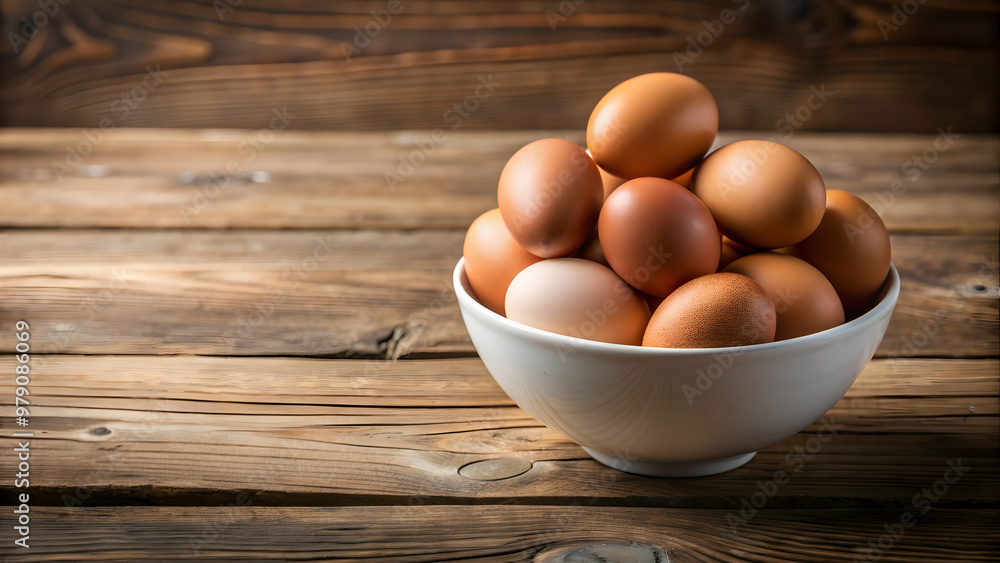 Fresh chicken eggs in a white bowl on a wooden table , farm, organic, breakfast, protein, cooking, ingredient, healthy, natural Fresh chicken eggs in a white bowl on a wooden table , farm, organic, breakfast, protein, cooking, ingredient, healthy, natural