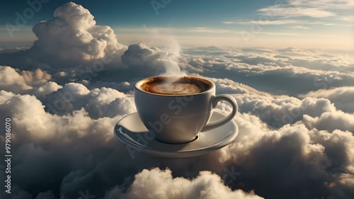 A Steaming Cup of Coffee Floating Above the Clouds with a Majestic Mountain Sunrise