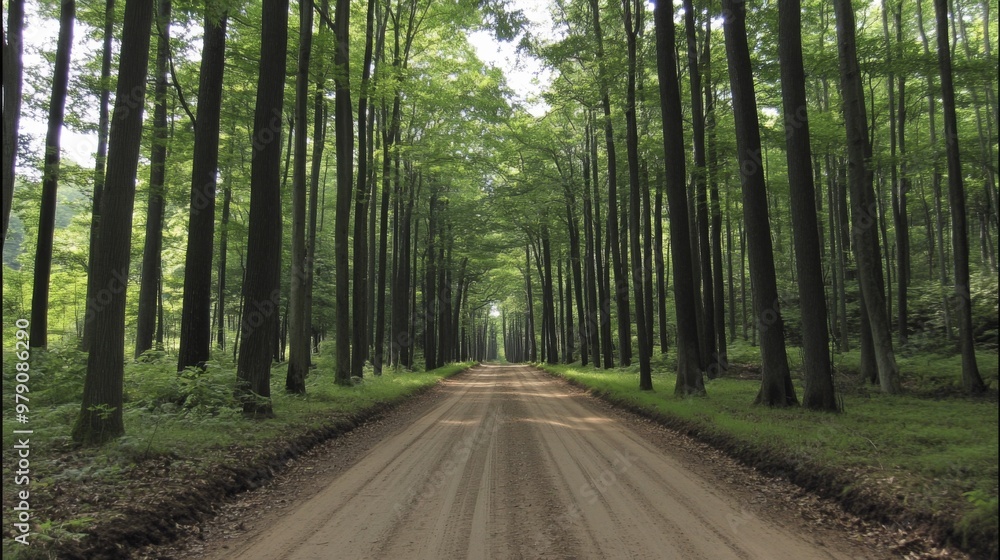 Obraz premium A Serene Forest Path Leading Through a Canopy of Lush Green Trees