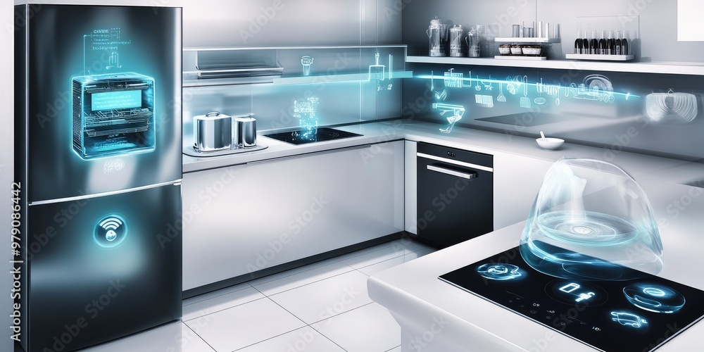 A futuristic kitchen with connected appliances like a smart refrigerator displaying digital notes and grocery lists, a smart oven, and a dishwasher controlled by an app. A futuristic kitchen with connected appliances like a smart refrigerator displaying digital notes and grocery lists, a smart oven, and a dishwasher controlled by an app.
