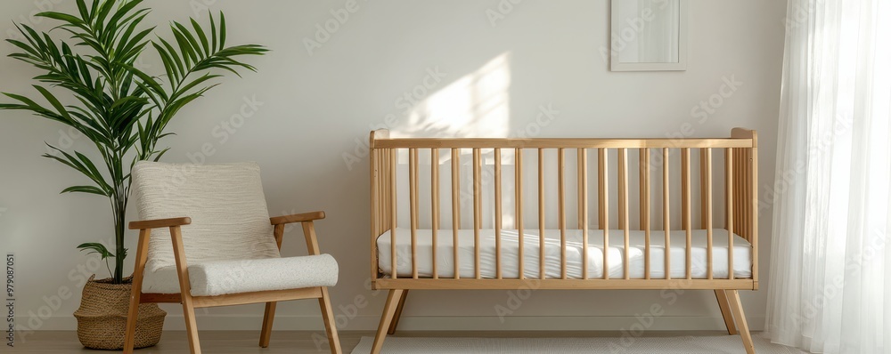 Cozy nursery with a modern crib and comfortable chair, featuring natural light and minimal decor for a serene atmosphere. Cozy nursery with a modern crib and comfortable chair, featuring natural light and minimal decor for a serene atmosphere.