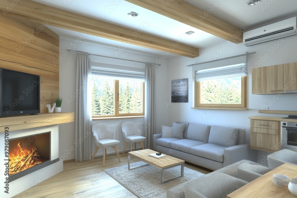 Modern Living Room Interior With Fireplace, Sofa, And Wooden Accents In Rustic Design. Modern Living Room Interior With Fireplace, Sofa, And Wooden Accents In Rustic Design.