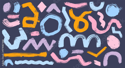 Set of wide curved grunge colored brush strokes, squiggly lines with loops. Geometric old figures for colleges and graphic design. Template vector brush drawn wavy smears, circle, dots, zigzag lines.