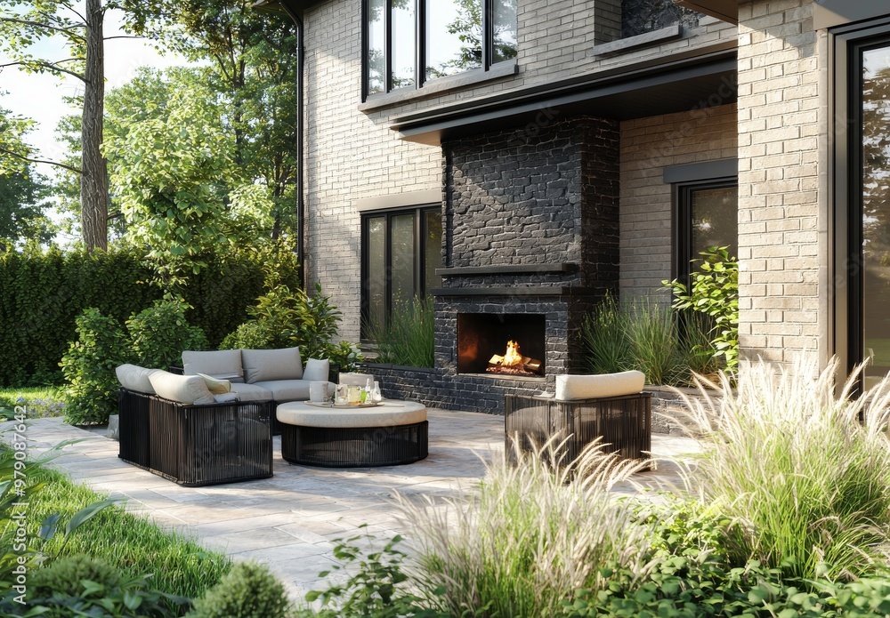 Obraz premium On a modern patio, a concrete fire pit is positioned