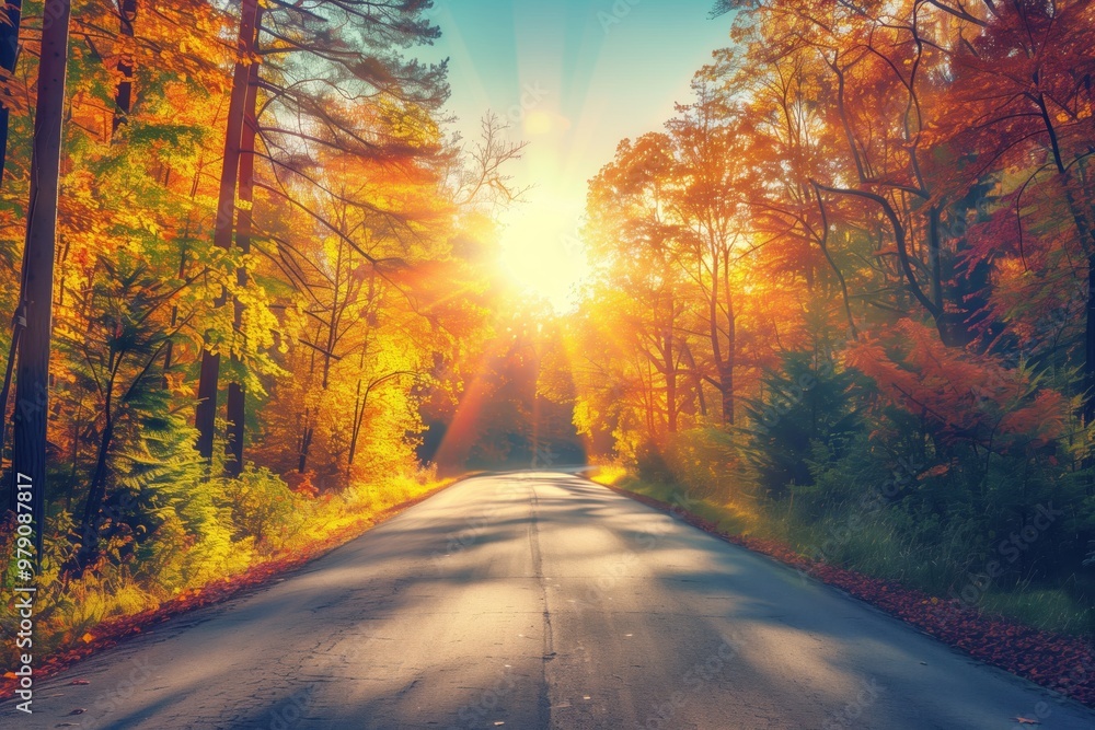 Obraz premium The sun rises over the road, creating a spectacular spectacle of light