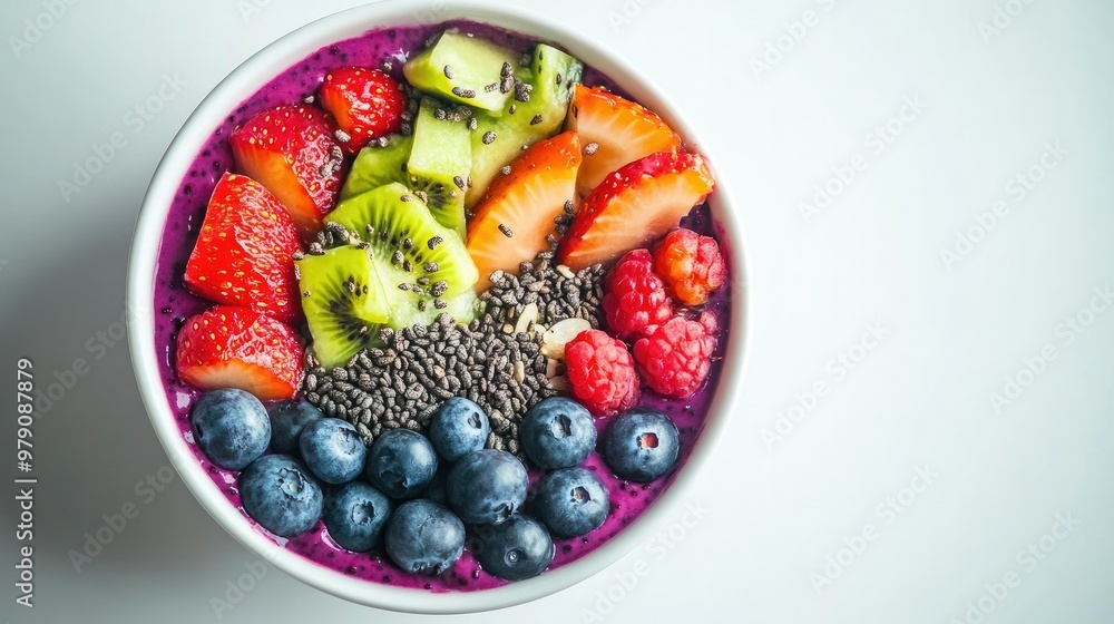 A fresh and colorful acai bowl filled with superfoods, presented on a white background to highlight its vibrant ingredients A fresh and colorful acai bowl filled with superfoods, presented on a white background to highlight its vibrant ingredients