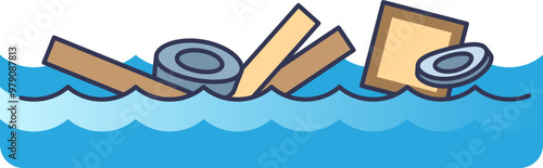Illustration of floating debris from flooded areas, including wood planks, metal objects, and a frame, symbolizing the aftermath of a flood.