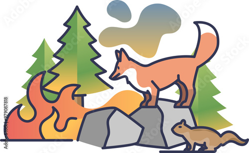Illustration of forest animals, including a fox and a squirrel, amidst wildfires with trees and flames in the background.