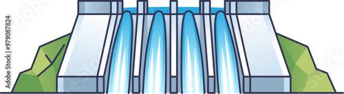 Illustration of a hydroelectric dam with water flowing through spillways, flanked by green hills.