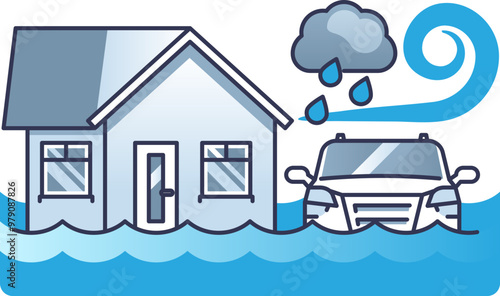 Illustration of a house and car submerged in floodwater with heavy rain and wind.