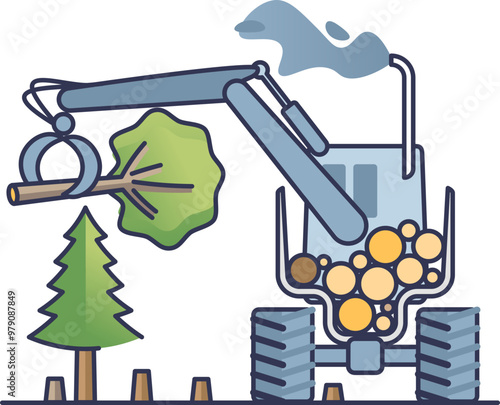 Illustration of deforestation with tree stumps, a tree being cut, and forest machinery.