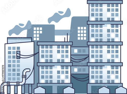 Illustration of an overcrowded urban landscape with high-rise buildings, smoke, and industrial pipes, symbolizing urban congestion and pollution.