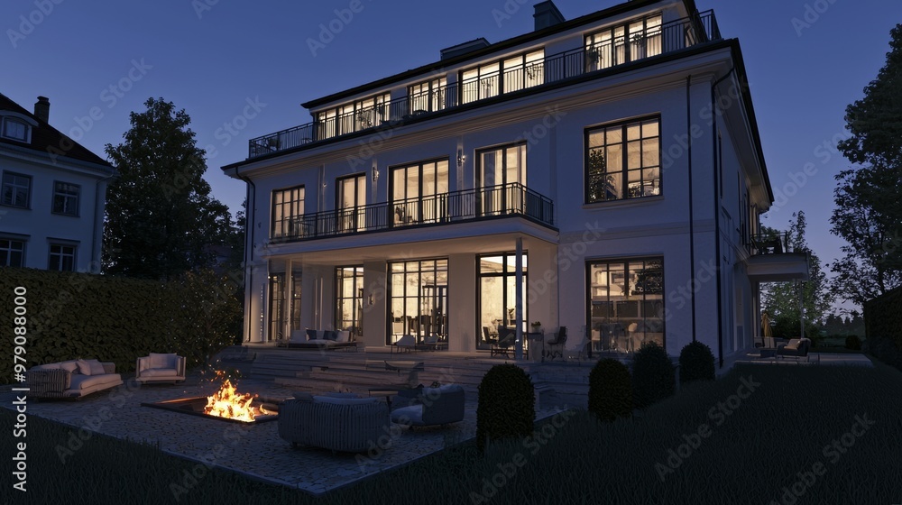 Modern suburban home with a minimalist front façade and outdoor patio furniture and fire pits Modern suburban home with a minimalist front façade and outdoor patio furniture and fire pits