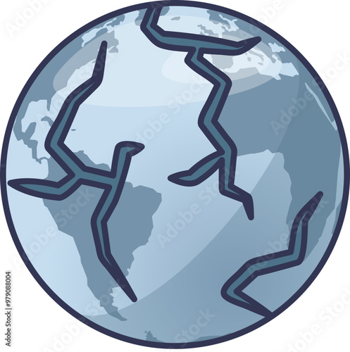 Illustration of Earth with large cracks symbolizing environmental issues and global fragmentation.