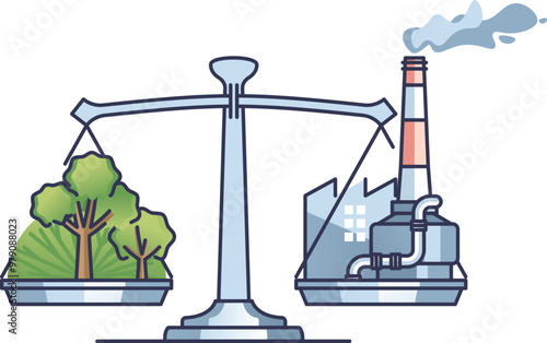 A balance scale with nature on one side and industrialization on the other, symbolizing the need for equilibrium between environmental conservation and industrial growth.