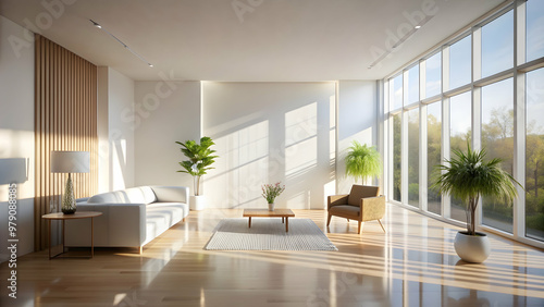 Warm sunlight filters through a white contemporary interior, creating crisp shadows and a serene minimalist aesthetic