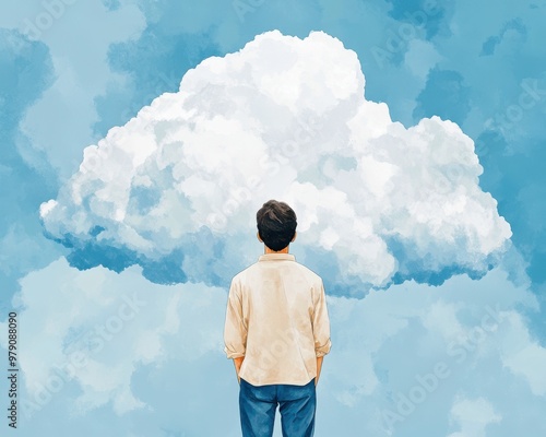 A contemplative person gazes at a large, fluffy cloud against a serene blue sky, embodying dreams and introspection.
