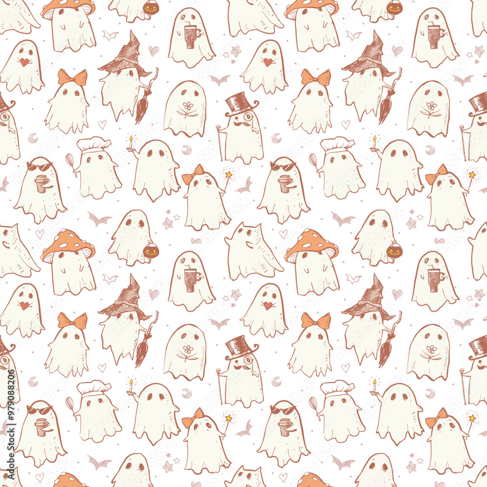 Fototapeta premium Seamless pattern of doodle ghosts in various costumes on a white background. Can be used for wallpaper, pattern fills, textile, web page background, surface textures.