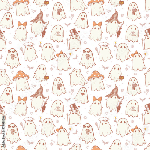 Seamless pattern of doodle ghosts in various costumes on a white background. Can be used for wallpaper, pattern fills, textile, web page background, surface textures.