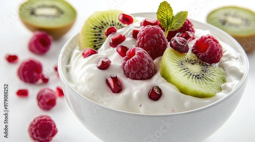 A fresh bowl of Greek yogurt topped with vibrant fruits like kiwi, raspberries, and pomegranate seeds, sitting on a white background, symbolizing a wholesome snack