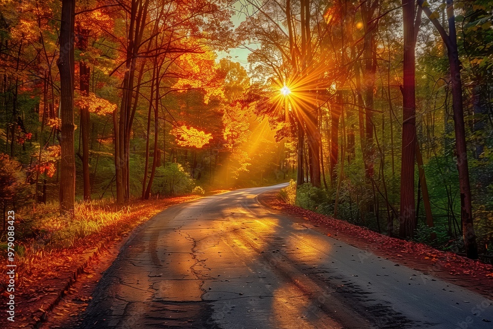 Fototapeta premium The sun rises over the road, creating a spectacular spectacle of light