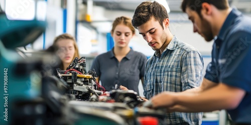 A group of adults in a vocational training environment, learning hands-on skills such as automotive repair or electrical work, with tools and equipment surrounding them.