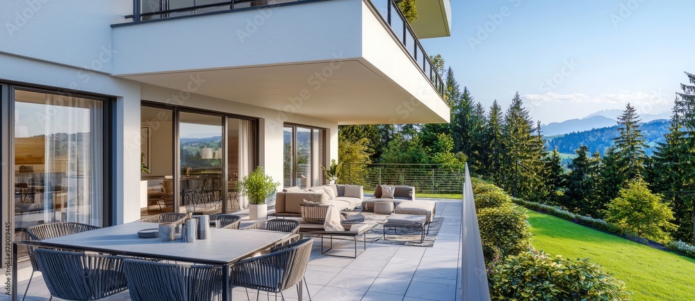 Obraz premium The garage terrace has synthetic grass flooring, tables, outdoor seating, abundant plants, and a retractable awning. Place for text or design to be added.