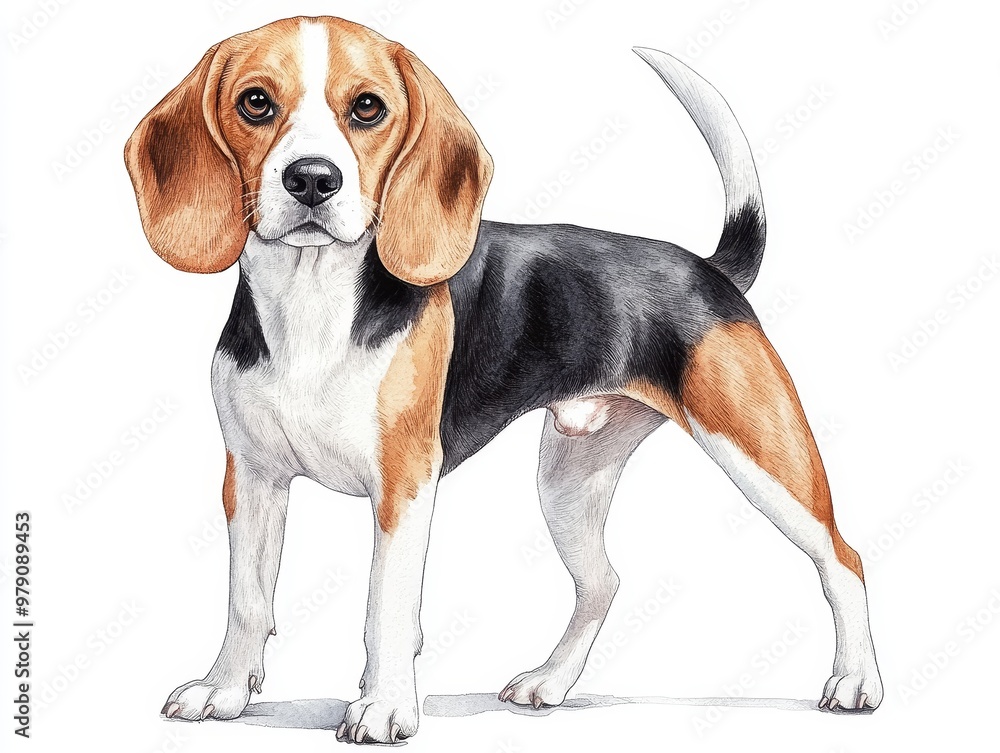 Illustrate a charming Beagle with soulful eyes in a detailed watercolor style, standing proudly on a white background Ensure the fur texture is vibrant and lifelike Illustrate a charming Beagle with soulful eyes in a detailed watercolor style, standing proudly on a white background Ensure the fur texture is vibrant and lifelike