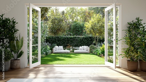 Summer garden and patio seen through bifold doors in stylish designer room.