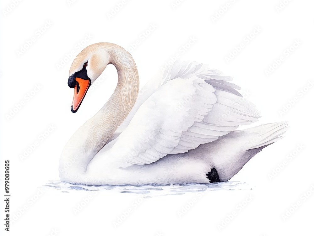 Fototapeta premium Illustrate a graceful swan in a low-angle view, showcasing its elegant neck and wings against a pristine white backdrop, in a detailed watercolor painting
