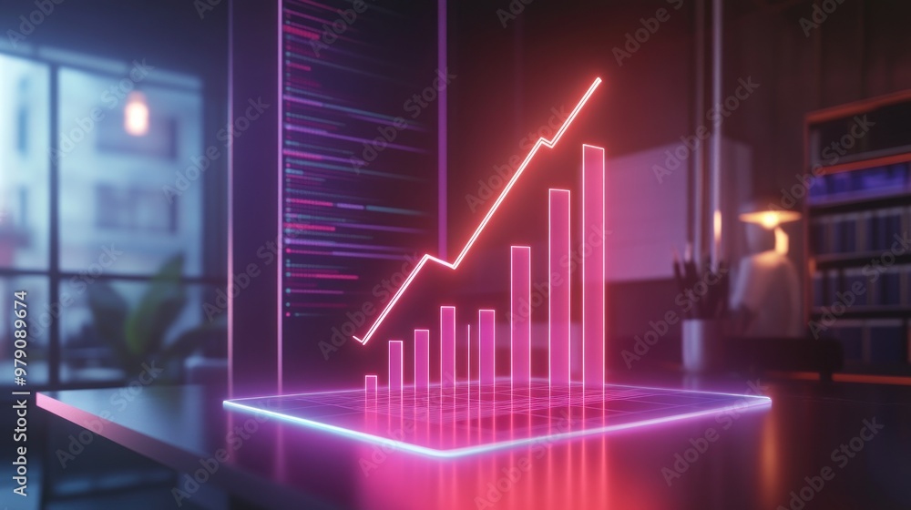 A futuristic graph displaying growth trends in a modern office setting. A futuristic graph displaying growth trends in a modern office setting.
