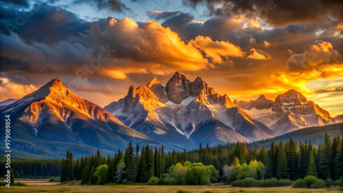 Sunset casting golden light over majestic mountains, sun, setting sun, mountains, peaks, landscape, nature, sky, clouds, orange