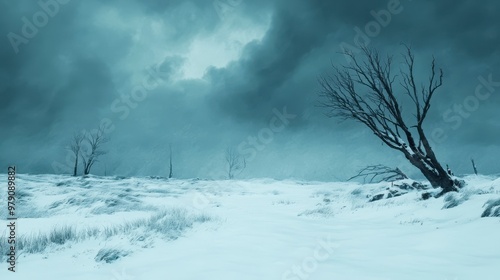A desolate winter landscape featuring snow-covered ground and a solitary tree against a dramatic cloudy sky.