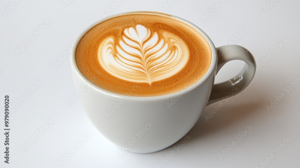 A latte with artistic foam designs in a stylish cup, displayed on a white background for a simple and inviting look A latte with artistic foam designs in a stylish cup, displayed on a white background for a simple and inviting look