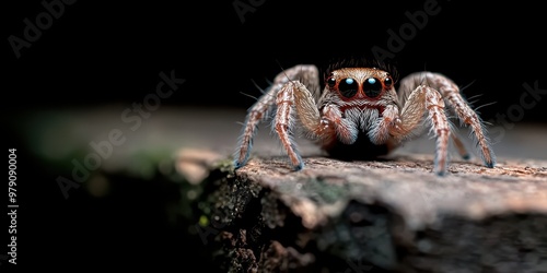 A detailed close-up of a spider on a wooden surface, highlighting its intricate features and natural habitat. photo