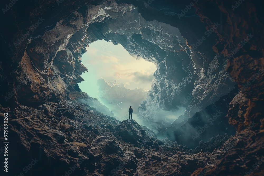 Φωτογραφία A lone traveler standing at the entrance of a giant cave, gazing into its depths, unsure of what secrets lie within but eager to explore