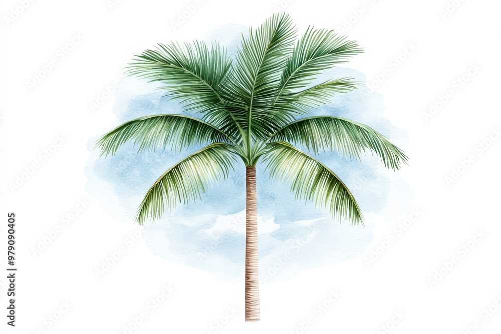 Obraz premium Render a lush tropical palm tree against a clear blue sky from a low-angle view, highlighting the intricate details of the vibrant leaves, evoking a sense of tranquility and serenity