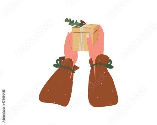 Female hands holding gift box, birthday, anniversary, christmas present. Arms wrapping, preparing gift for Christmas, new year souvenirs. Vector illustration isolated on white background