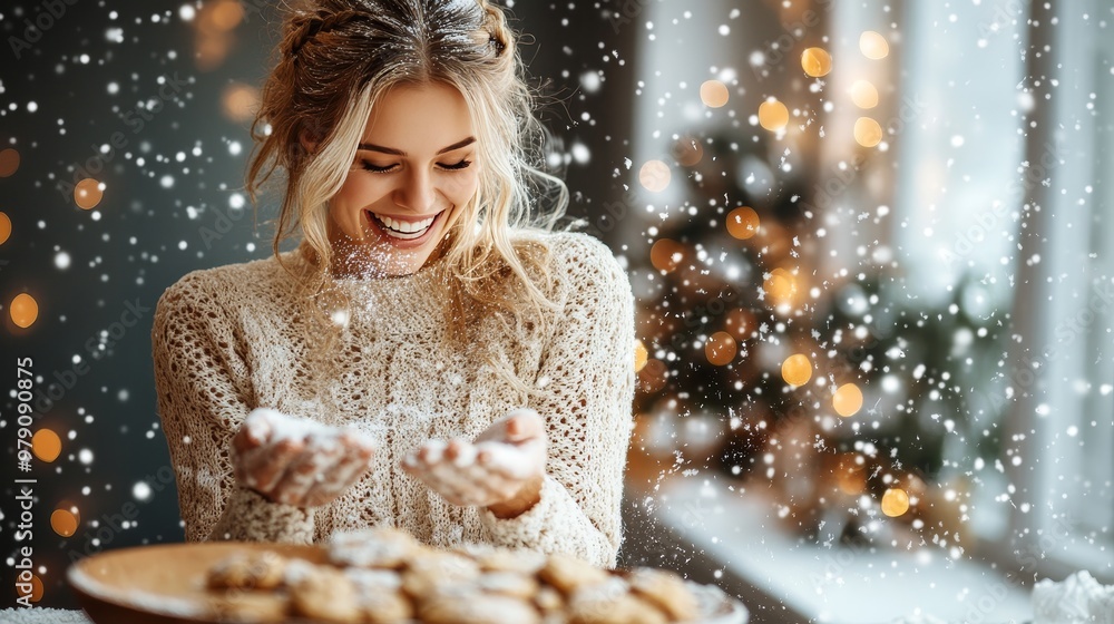 Holiday Baking Bliss, Woman Sprinkles Flour on Christmas Cookies, Joyful Holiday Preparations Holiday Baking Bliss, Woman Sprinkles Flour on Christmas Cookies, Joyful Holiday Preparations