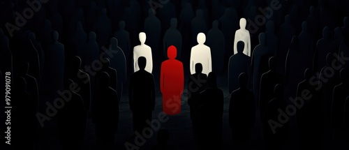 A dramatic scene depicting individuality in the crowd, highlighting a figure in red amidst a sea of indistinguishable shadows.