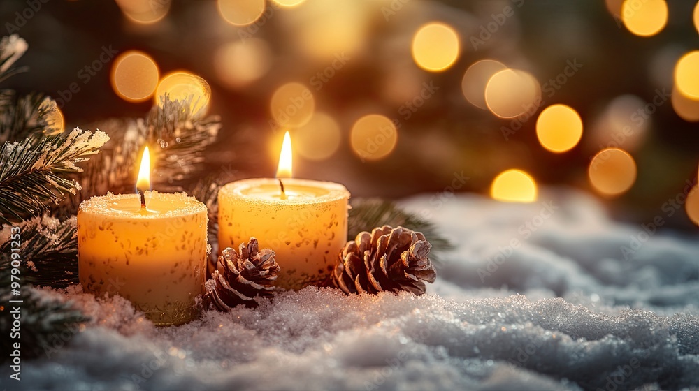 Christmas background with candles on a snow and bokeh .generative ai Christmas background with candles on a snow and bokeh .generative ai