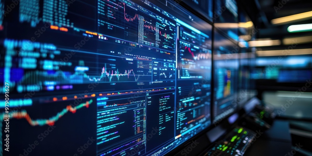 A high-tech financial trading room where AI algorithms monitor global markets, displaying real-time graphs and predictions on massive transparent screens. A high-tech financial trading room where AI algorithms monitor global markets, displaying real-time graphs and predictions on massive transparent screens.