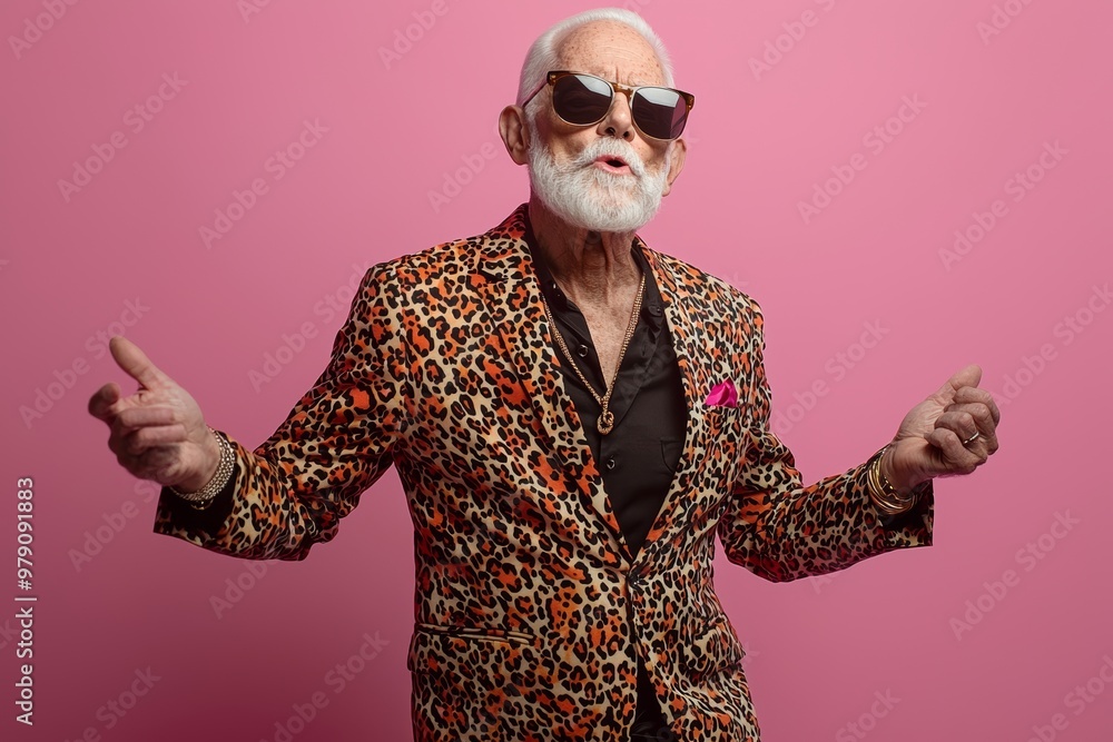 Pose of a positive cheerful grandfather dancing, wearing glamour clothes, isolated on a pastel colored background Pose of a positive cheerful grandfather dancing, wearing glamour clothes, isolated on a pastel colored background